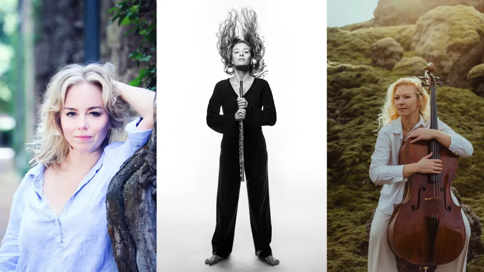 Fotokollage av cellisten Amalie Stalheim, sopranen Elisabet Strid och flöjtisten Laura Michelin.
