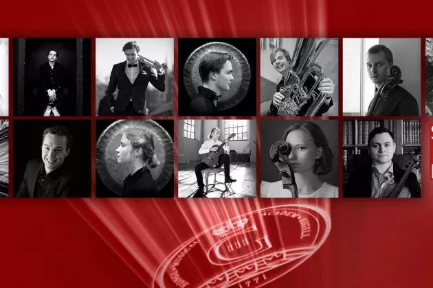 Pressbild med svartvita porträtt på alla nominerade solister för Solistpriset 2020