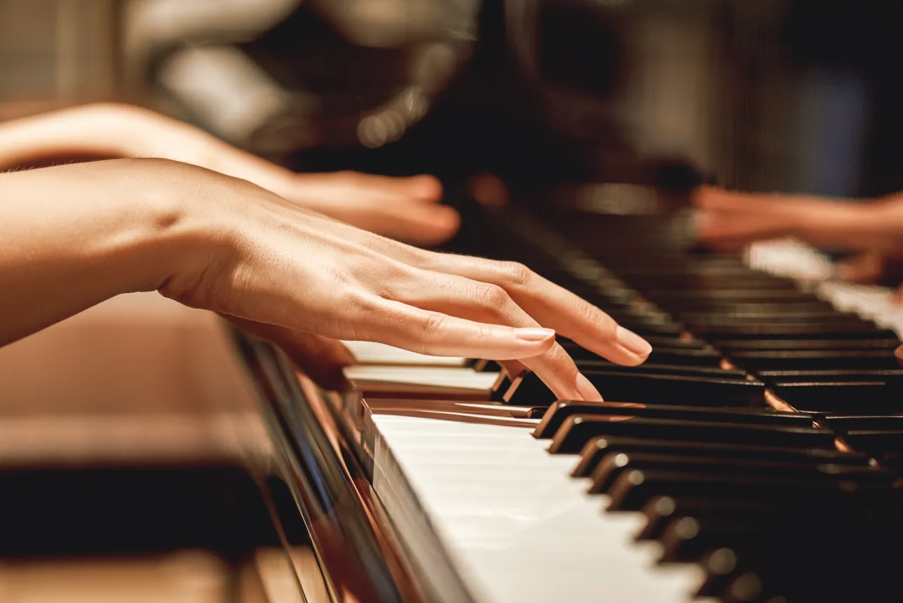 Händer som spelar piano. Foto.